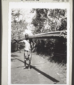 A Bali man carrying palm-ribs