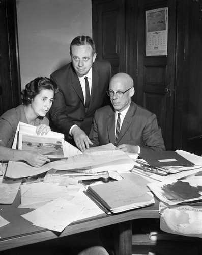 Councilwoman Rosalind Wyman examining documents, Los Angeles, 1963