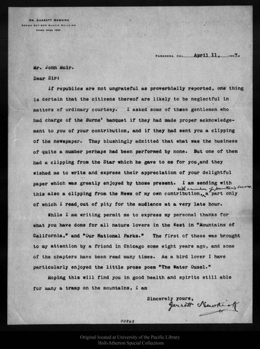 Letter from Garrett Newkirk to John Muir, 1907 Apr 11
