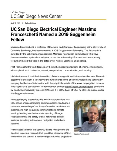 UC San Diego Electrical Engineer Massimo Franceschetti Named a 2019 Guggenheim Fellow