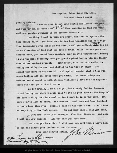 Letter from John Muir to Helen [Muir Funk], 1911 Mar 31