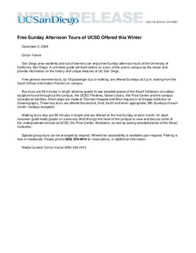 Free Sunday Afternoon Tours of UCSD Offered this Winter