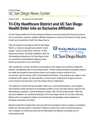 Tri-City Healthcare District and UC San Diego Health Enter into an Exclusive Affiliation