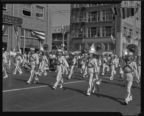 Marching band in Elks' parade, Santa Monica, 1939 or 1952