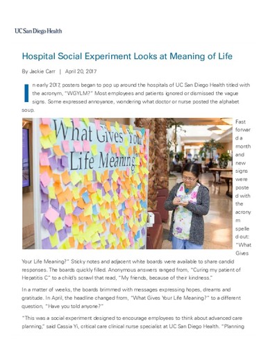 Hospital Social Experiment Looks at Meaning of Life