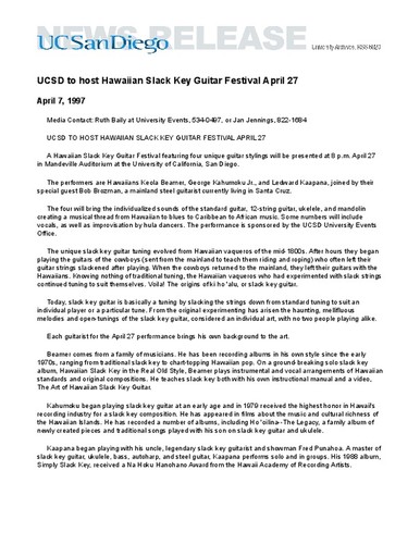 UCSD to host Hawaiian Slack Key Guitar Festival April 27