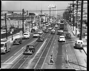 Washington Blvd. looking east from fwy. overpass, Los Angeles, 1954