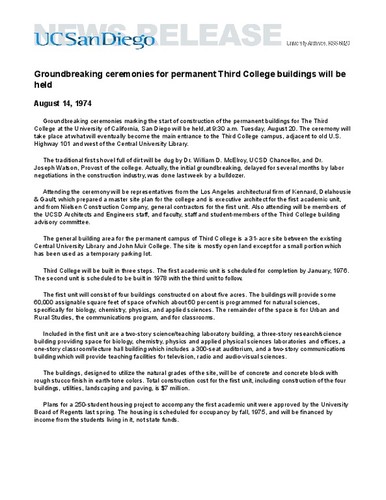 Groundbreaking ceremonies for permanent Third College buildings will be held