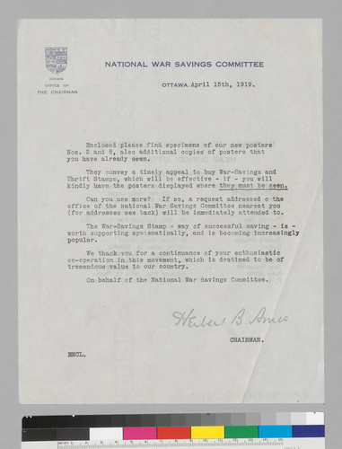 National War Savings Committee: Office of the Chairman: Ottawa, April 15th, 1919; signed: Herbert B. Ames, Chairman; on verso: National War Savings Committee: Head Office: Ottawa