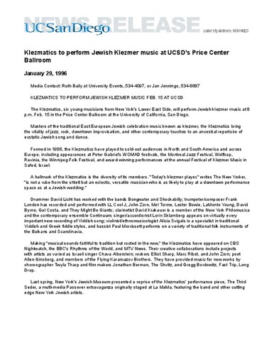 Klezmatics to perform Jewish Klezmer music at UCSD's Price Center Ballroom