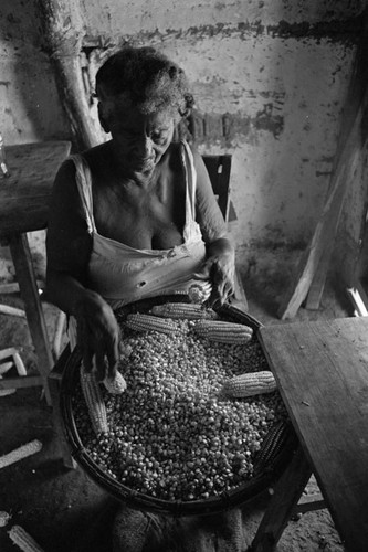 Woman removing corn from cobs, San Basilio de Palenque, 1976