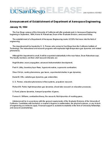 Announcement of Establishment of Department of Aerospace Engineering
