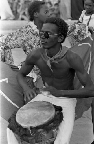 Playing the conga drum, Barranquilla, Colombia, 1977
