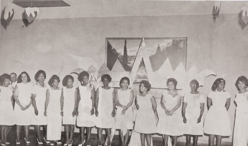 Members of Twentieth Century Onyx Club at the first Cotton Ball : 1964 ; the Cotton Ball was for young ladies in the 9th and 10th grades ; L to R: Mary Jordan, Mildred Morrison, Marguerite Milton, Margaret Tatum, Olga Camper, Lona Fountain, Elsie Kelley, Geraldine Mantooth, Gwendolyn E. Hunt, Thelma Calhoun, Ruth Gibson, Mattie Adams and Martha White