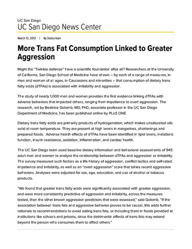 More Trans Fat Consumption Linked to Greater Aggression