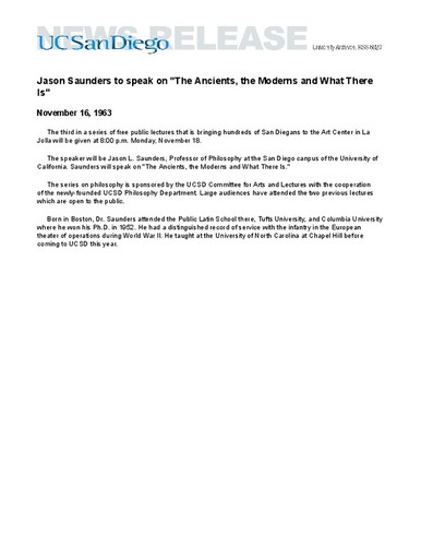 Jason Saunders to speak on "The Ancients, the Moderns and What There Is"
