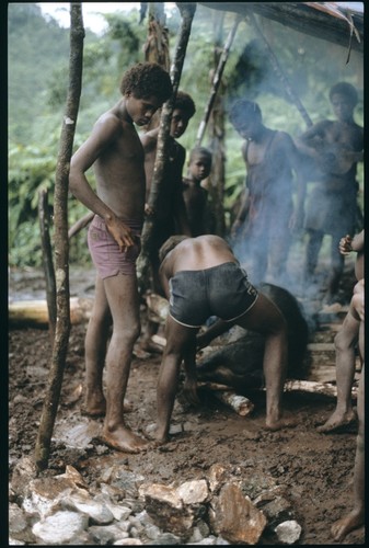 Young men singeing and scraping off pig's hair