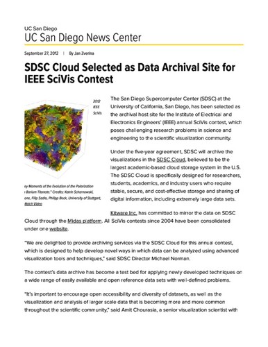 SDSC Cloud Selected as Data Archival Site for IEEE SciVis Contest