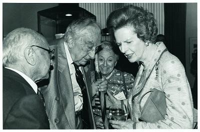 Photograph of Milton Friedman, Rose Friedman, Edward Teller, and Margaret Thatcher