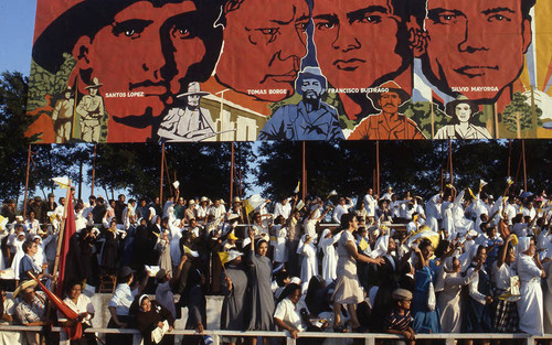 Parishioners and nuns cheer, Managua, Nicaragua, 1983