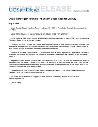 UCSD team to join in Union-Tribune Dr. Seuss Race for Literacy