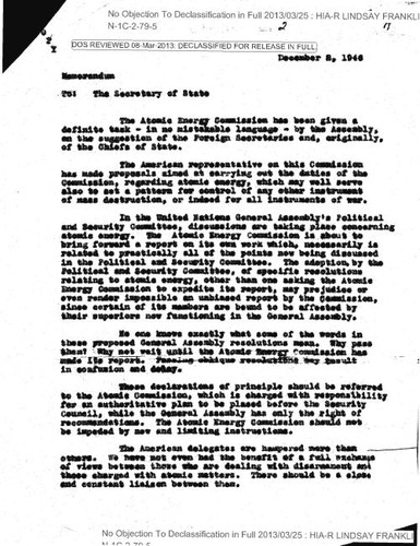 B. M. Baruch memo to the secretary of state regarding the United Nations Atomic Energy Commission