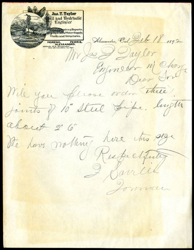 Note from F. Saville to Jas T. Taylor, 1892-02-18