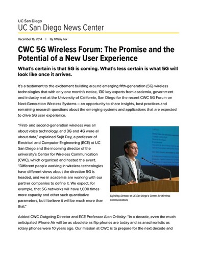 CWC 5G Wireless Forum: The Promise and the Potential of a New User Experience