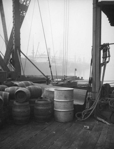 L. A. Harbor, barrels on the dock and Arrow Line ship