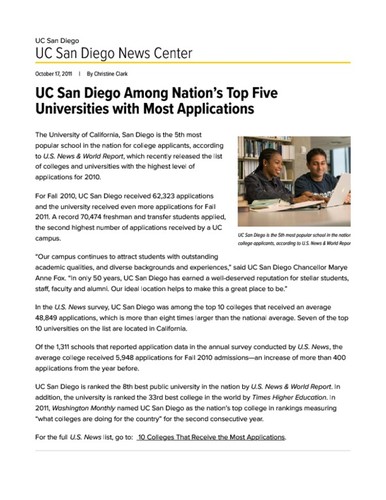 UC San Diego Among Nation’s Top Five Universities with Most Applications