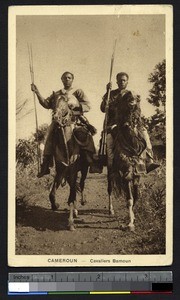 Two men on horseback with spears, Cameroon, ca.1920-1930