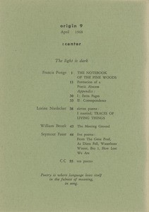Table of contents of Origin, series 3, no.9, "The light is dark" 1968