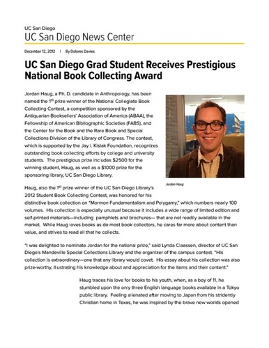 UC San Diego Grad Student Receives Prestigious National Book Collecting Award