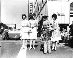 Miss Sonoma County contestants on Fourth Street for a fashion show, Santa Rosa, California, July 4, 1961