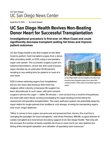 UC San Diego Health Revives Non-Beating Donor Heart for Successful Transplantation