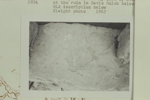 "NEMO 1934" inscription probably left by Everett Ruess at the ruin in Davis Gulch below the window. "HLA" inscription below
