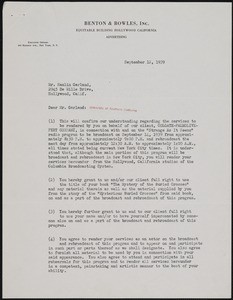 Benton & Bowles, letter, 1939-09-12, to Hamlin Garland