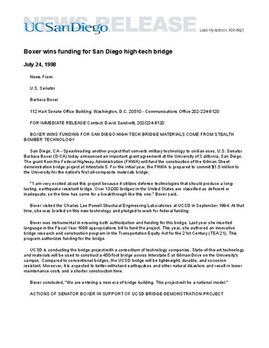 Boxer wins funding for San Diego high-tech bridge