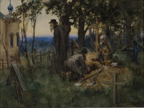 Ivan Vladimirov watercolor scene of Russian clergymen hiding church treasures in a new grave