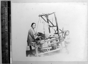 Woman weaving at loom, Pang Chuang, Shandong, China, ca.1890