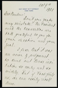 Brander Matthews, letter, 1921-10-09, to Hamlin Garland