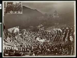 View of a concert at the Amphitheatre on Santa Catalina Island with an insert showing the band, ca.1906