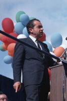 President Richard Nixon speaks to a crowd during his 1968 incumbent presidential campaign