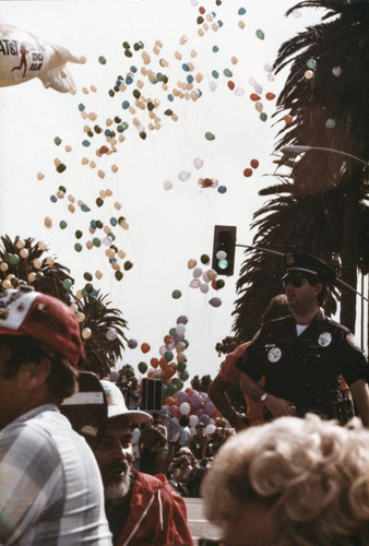 Balloons released from the stage at Olympic torch relay on July 21, 1984, Santa Monica, Calif
