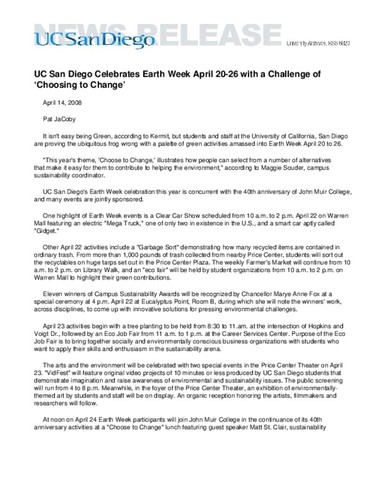 UC San Diego Celebrates Earth Week April 20-26 with a Challenge of ‘Choosing to Change’