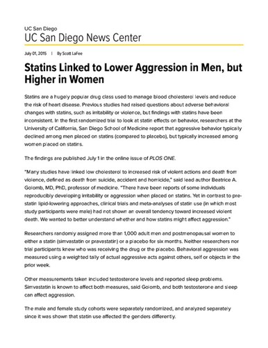 Statins Linked to Lower Aggression in Men, but Higher in Women