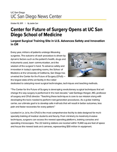Center for Future of Surgery Opens at UC San Diego School of Medicine