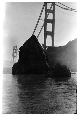 [View of construction of the Golden Gate Bridge from Marin shore]