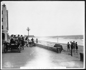 People on the beach in Santa Monica, north of the Rose Avenue Pier, ca.1913