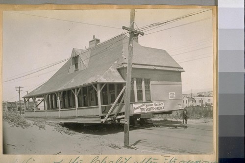 Rear View of the Chalet after its removal from the Great Highway opp. the North Drive, with the 1st story removed